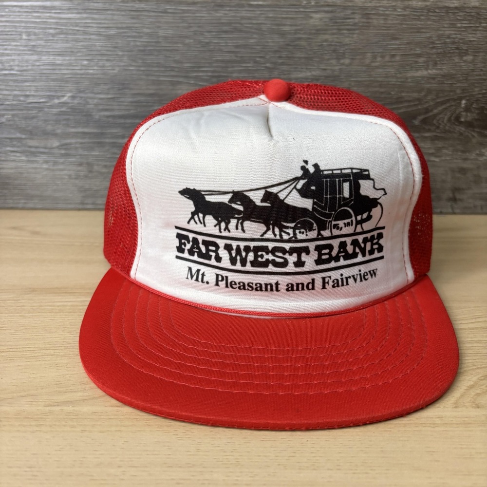 Vintage Far West Bank Hat Cap Snap Back Red White Trucker Advertising 90s